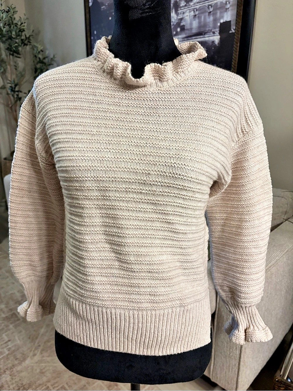 Madewell Ruffle-Neck Pullover Sweater in Cotton-Merino Yarn Cream XS